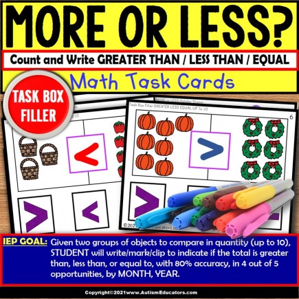 Greater Than Less Than Equal To | Task Box Filler for Special Education